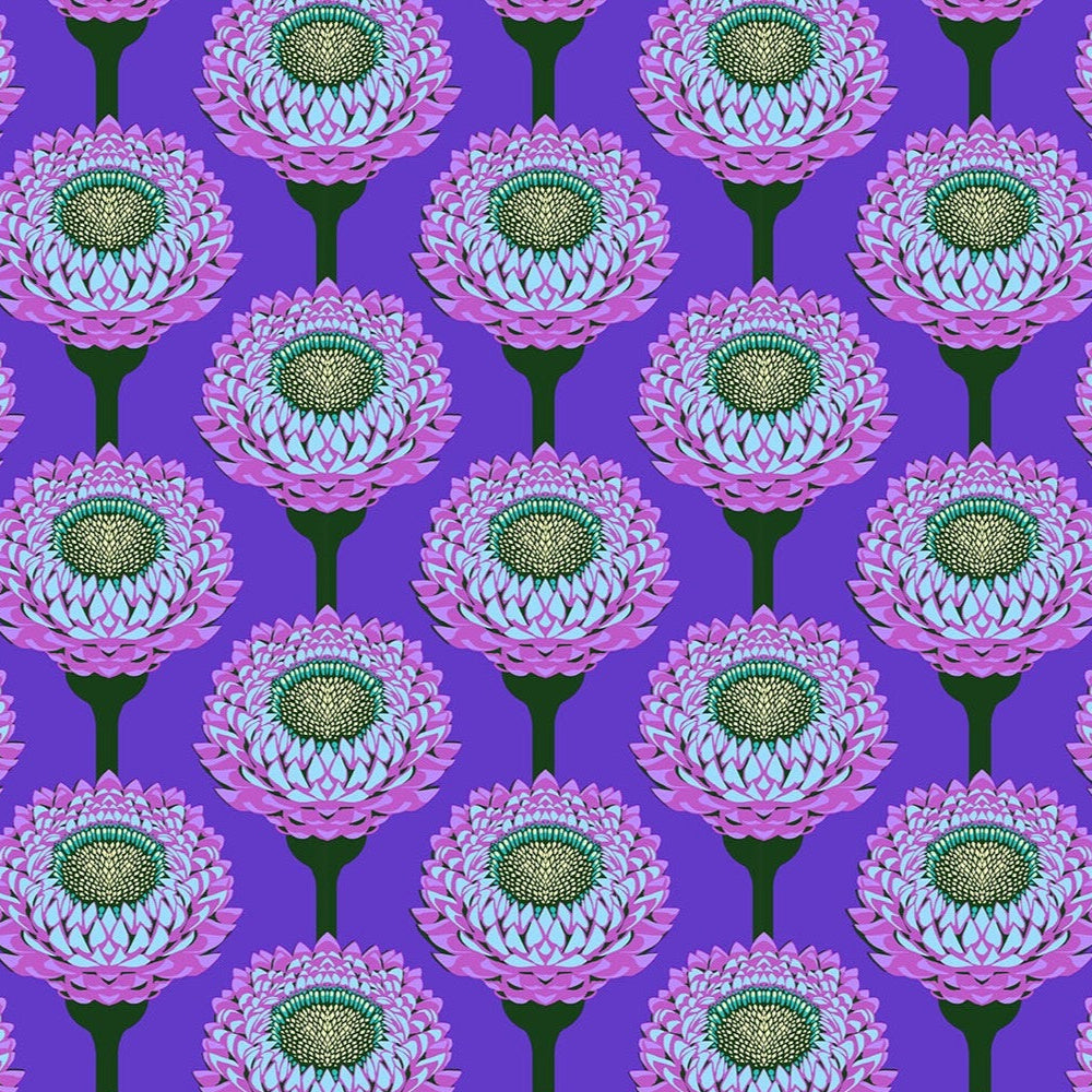 Pattern of purple and green flowers on a purple background