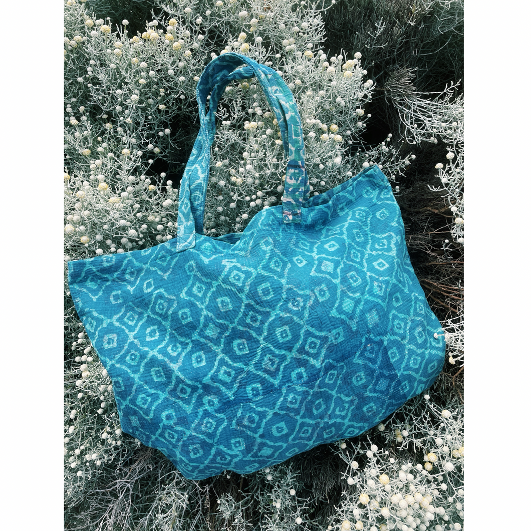 Vintage Kantha Tote Bag - Turquoise Trellis