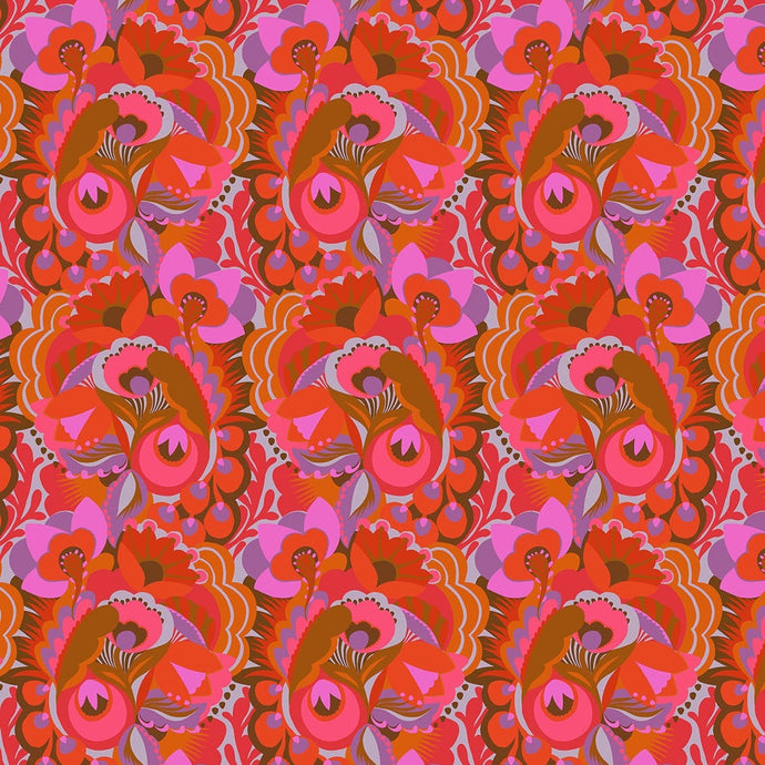 Patterned fabric with red and pink floral design