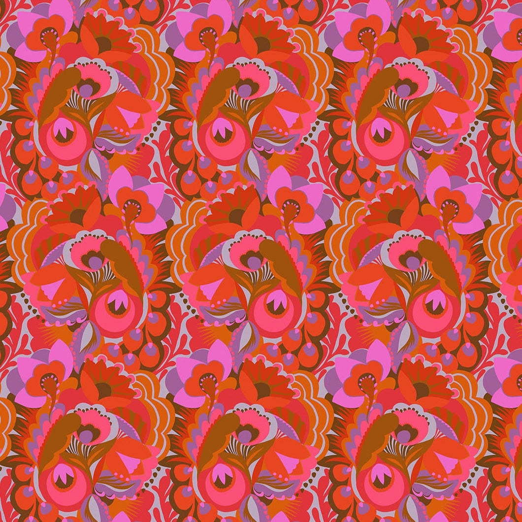 Patterned fabric with red and pink floral design