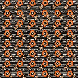 Pattern of orange flowers with black centers on a black background
