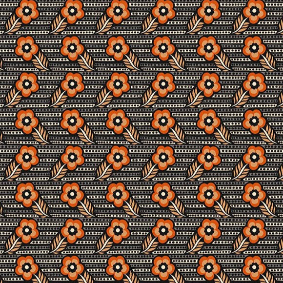 Pattern of orange flowers with black centers on a black background