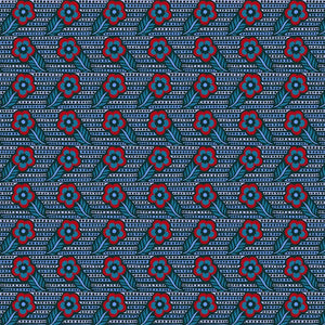 Patterned fabric with blue and red design