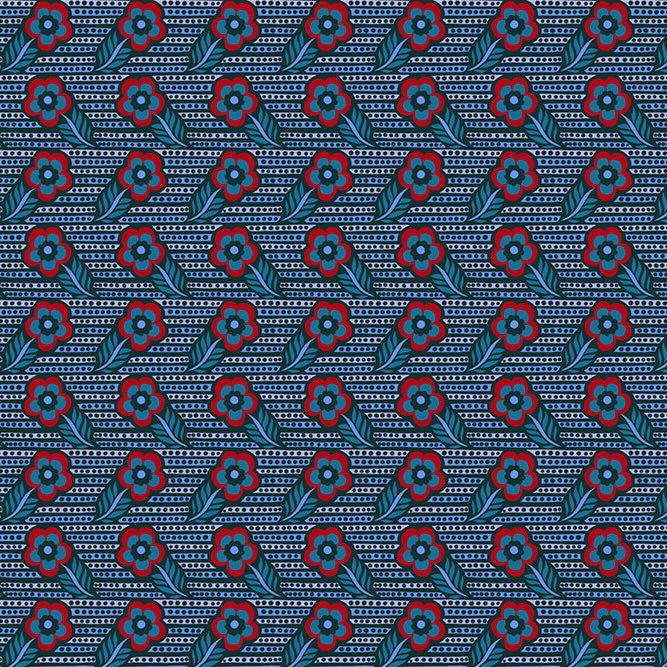 Patterned fabric with blue and red design