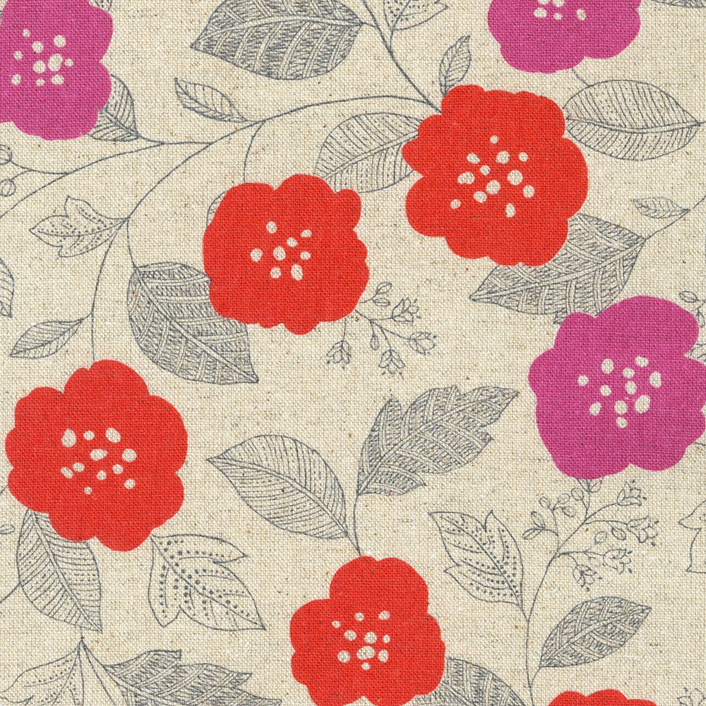 Floral Sketch - Red - 80% Cotton 20% Flax - 50cm